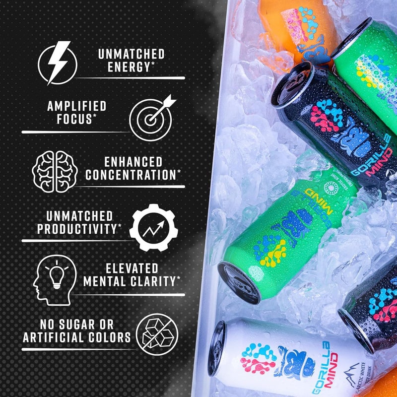 Gorilla Mind Energy Drink | Unmatched Energy · Amplified Focus | N-Acetyl-L-Tyrosine, Alpha-GPC, 200mg Caffeine, Uridine, Saffron | 0 Sugar Or Artificial Colors | 16oz | 12-Pack (Variety Pack #2) - Image 3